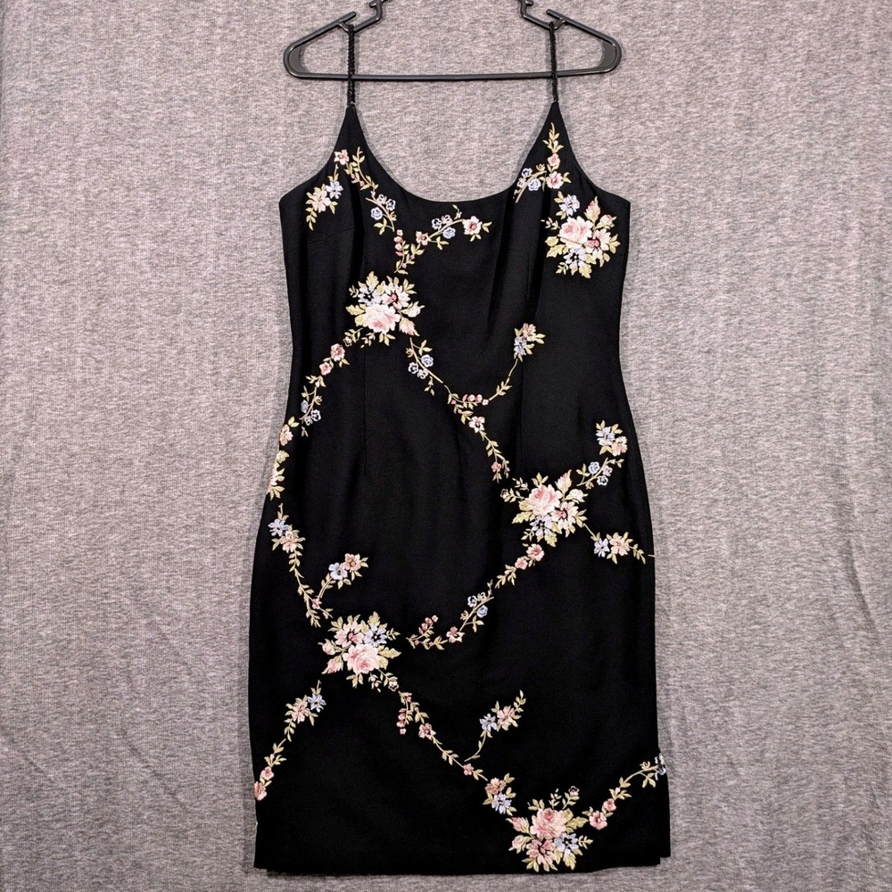 Maggy London Black Sheath Dress Floral Embroidery Beaded Straps Size 12